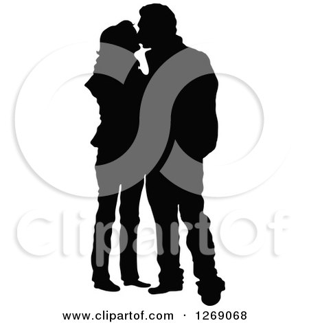 Clipart of a Black Silhouette of a Couple Standing and Kissing - Royalty Free Vector Illustration by Pushkin