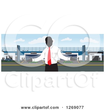 Clipart of a Faceless Car Salesman in Front of a Building - Royalty Free Vector Illustration by David Rey