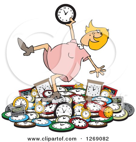 Clipart of a Caucasian Blond Woman Falling Back on a Pile of Clocks - Royalty Free Vector Illustration by djart