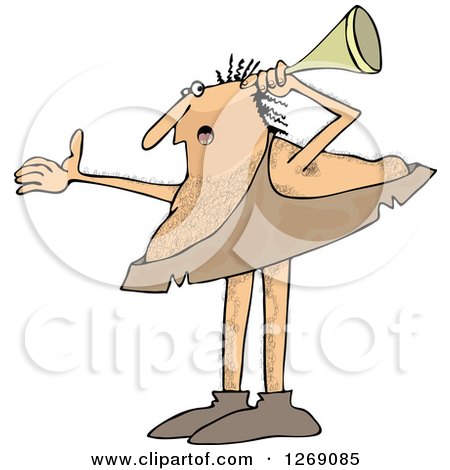 Clipart of a Hard at Hearing Caveman Holding a Horn up to His Ear - Royalty Free Vector Illustration by djart