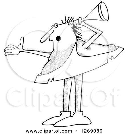Clipart of a Black and White Hard at Hearing Caveman Holding a Horn up to His Ear - Royalty Free Vector Illustration by djart