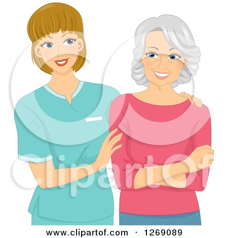 Clipart of a Friendly Caucasian Female Nurse Talking to a Senior Woman - Royalty Free Vector Illustration by BNP Design Studio