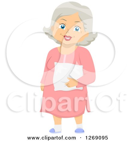 Clipart of a Happy Senior Caucasian Woman Holding a Pillow and Standing in Pajamas - Royalty Free Vector Illustration by BNP Design Studio