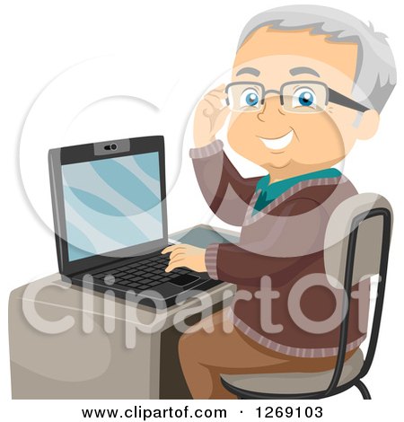 Clipart of a Senior Caucasian Man Adjusting His Glasses and Using a Laptop Computer - Royalty Free Vector Illustration by BNP Design Studio