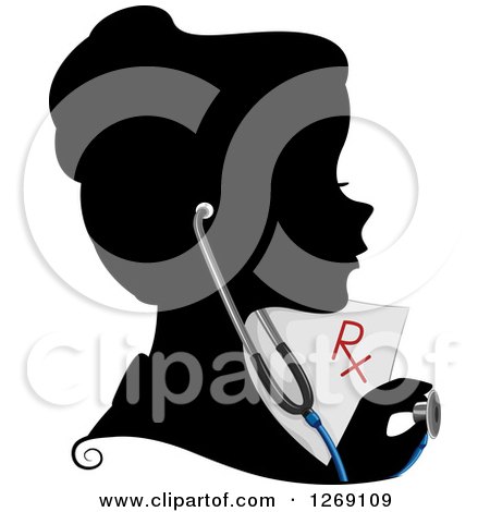 Clipart of a Silhouetted Female Doctor with a Prescription and Stethoscope in Color - Royalty Free Vector Illustration by BNP Design Studio