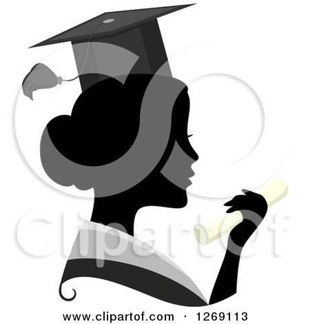 Clipart of a Silhouetted Black Graduate Woman's Face with a Grayscale Collar and Colored Degree - Royalty Free Vector Illustration by BNP Design Studio
