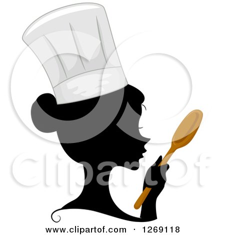 Clipart of a Silhouetted Black Chef Woman's Face with a Colored Spoon and Hat - Royalty Free Vector Illustration by BNP Design Studio
