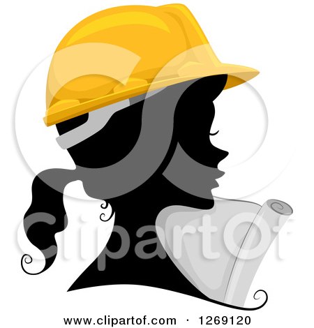 Clipart of a Silhouetted Black Contractor Engineer Woman's Face with a Colored Hard Hat and Plans - Royalty Free Vector Illustration by BNP Design Studio
