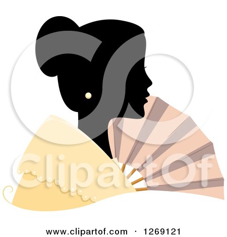 Clipart of a Silhouetted Black Filipino Woman's Face with a Colored Collar and Fan - Royalty Free Vector Illustration by BNP Design Studio