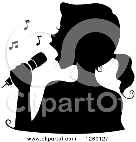 Clipart of a Silhouetted Black Singing Woman's Face with a Microphone and Music Notes - Royalty Free Vector Illustration by BNP Design Studio