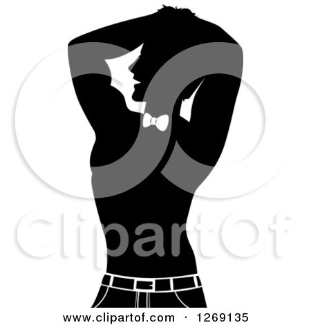 Clipart of a Black and White Silhouetted Male Stripper Dancer at a Bachelorette Party - Royalty Free Vector Illustration by BNP Design Studio