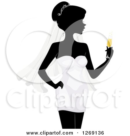 Clipart of a Silhouetted Black Bride in a Grayscale Dress and Holding Colored Champagne - Royalty Free Vector Illustration by BNP Design Studio