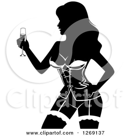 Clipart of a Silhouetted Black and White Female Stripper Holding Champagne at a Bachelor Party - Royalty Free Vector Illustration by BNP Design Studio