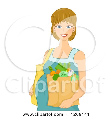 Clipart of a Happy Blond White Pregnant Woman Carrying a Bag of Groceries - Royalty Free Vector Illustration by BNP Design Studio