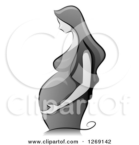Clipart of a Sketched Grayscale Pregnant Woman Holding Her Belly in Profile - Royalty Free Vector Illustration by BNP Design Studio