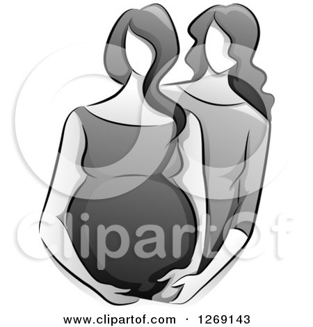 Clipart of a Sketched Grayscale Doula Helping a Pregnant Woman - Royalty Free Vector Illustration by BNP Design Studio