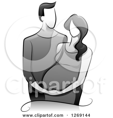Clipart of a Sketched Grayscale Man Embracing His Pregnant Wife - Royalty Free Vector Illustration by BNP Design Studio