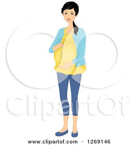 Clipart of a Happy Pregnant Young Asian Woman Holding Her Belly - Royalty Free Vector Illustration by BNP Design Studio