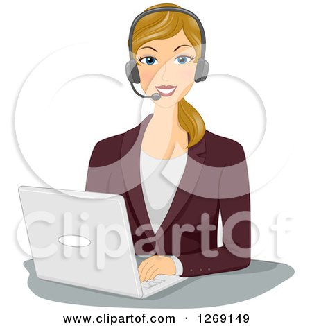 Clipart of a Happy Blond Caucasian Businesswoman Wearing a Headset and Working on a Laptop - Royalty Free Vector Illustration by BNP Design Studio