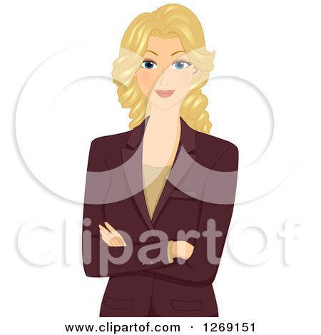 Clipart of a Blond Caucasian Business Woman Wearing a Blazer and Posing with Folded Arms - Royalty Free Vector Illustration by BNP Design Studio