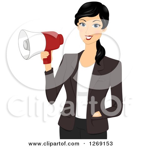 Clipart of a Young Black Haired Businesswoman Holding a Megaphone - Royalty Free Vector Illustration by BNP Design Studio