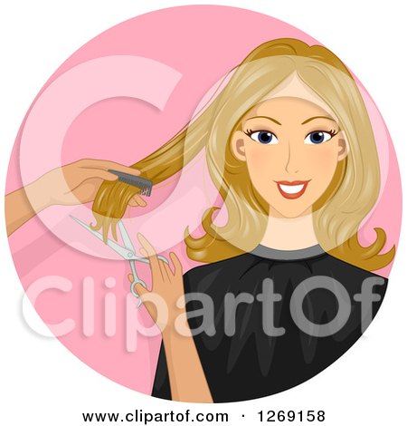 Clipart of a Blond Caucasian Woman Getting a Hair Cut, in a Pink Circle - Royalty Free Vector Illustration by BNP Design Studio