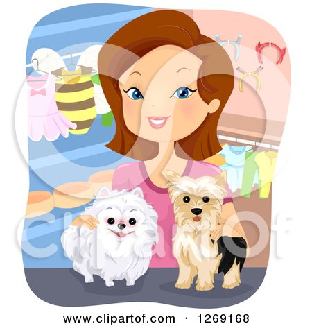 Clipart of a Happy Brunette Caucasian Woman with Dogs in a Pet Boutique - Royalty Free Vector Illustration by BNP Design Studio