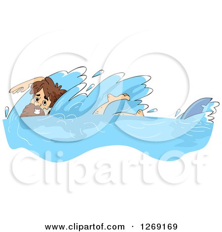 Clipart of a Castaway Man Swimming Away from a Shark - Royalty Free Vector Illustration by BNP Design Studio