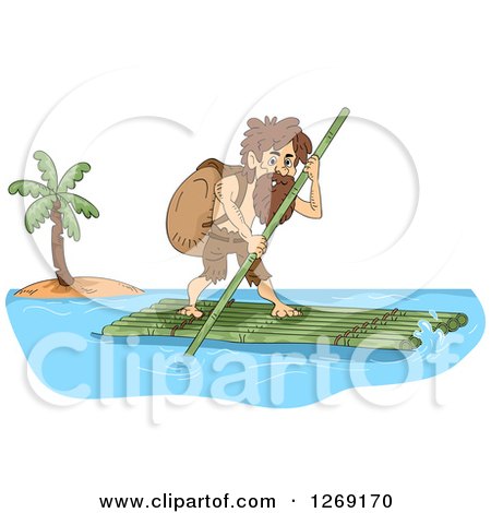 Clipart of a Castaway Man on a Bamboo Raft - Royalty Free Vector Illustration by BNP Design Studio