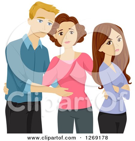 Clipart of a Caucasian Mother Introducing Her Boyfriend to Her Rude, Unhappy Teenage Daughter - Royalty Free Vector Illustration by BNP Design Studio