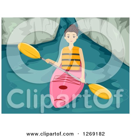Clipart of a Young Brunette Caucasian Woman Kayaking - Royalty Free Vector Illustration by BNP Design Studio