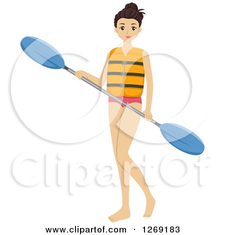 Clipart of a Young Brunette Caucasian Woman Holding a Kayak Paddle - Royalty Free Vector Illustration by BNP Design Studio