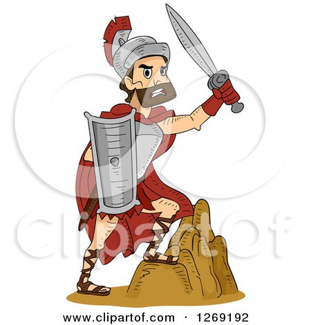 Clipart of a Tough Roman Soldier Warrior Holding up a Sword and Stepping on a Rock - Royalty Free Vector Illustration by BNP Design Studio