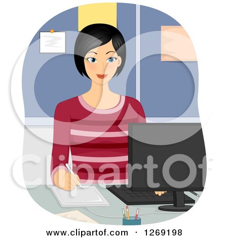 Clipart of a Young Asian Graphic Designer Woman Working with an Illustrator Tablet on a Computer - Royalty Free Vector Illustration by BNP Design Studio