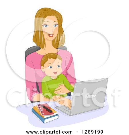 Clipart of a Blond Caucasian Mom Working on a Computer, or Doing an Online Chat with a Baby in Her Lap - Royalty Free Vector Illustration by BNP Design Studio