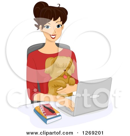 Clipart of a Happy Black Haired Woman Working on a Laptop Computer with a Dog in Her Lap - Royalty Free Vector Illustration by BNP Design Studio