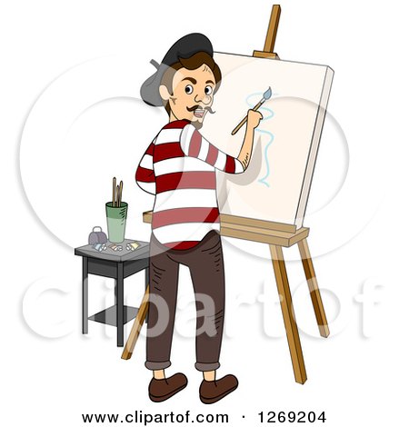 Clipart of a Male French Painter Working on a Canvas and Looking Back - Royalty Free Vector Illustration by BNP Design Studio