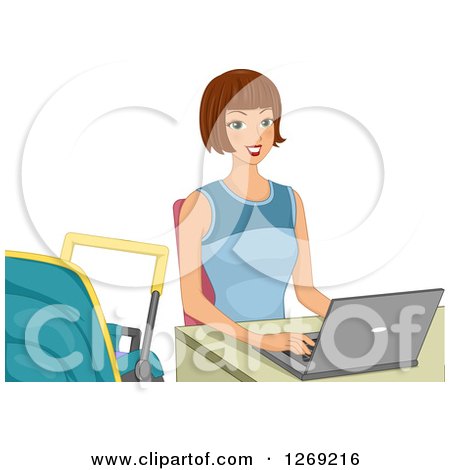 Clipart of a Happy Brunette Caucasian Woman Working on a Laptop with a Baby Carriage at Her Side - Royalty Free Vector Illustration by BNP Design Studio