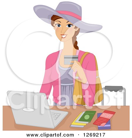 Clipart of a Brunette Caucasian Woman Making Purchases or Travel Booking Online with a Laptop - Royalty Free Vector Illustration by BNP Design Studio