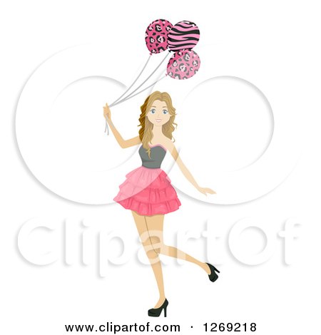 Clipart of a Caucasian Teenage Girl with Safari Print Balloons - Royalty Free Vector Illustration by BNP Design Studio