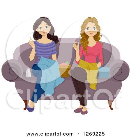 Clipart of Two Young Women Sewing on a Couch - Royalty Free Vector Illustration by BNP Design Studio