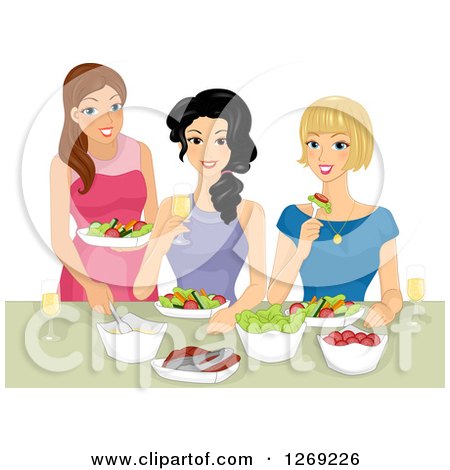 Clipart of Three Happy Young Women Eating and Making Salads - Royalty Free Vector Illustration by BNP Design Studio