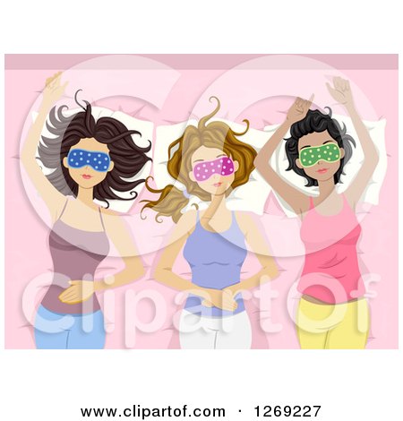 Clipart of Three Teenage Girls Wearing Eye Masks and Resting - Royalty Free Vector Illustration by BNP Design Studio