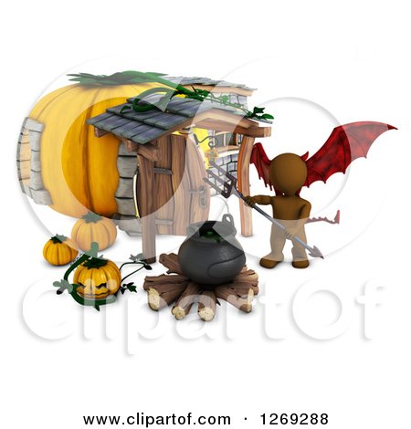 Clipart of a 3d Brown Demon Man with a Cauldron at a Halloween Pumpkin Cottage - Royalty Free Illustration by KJ Pargeter
