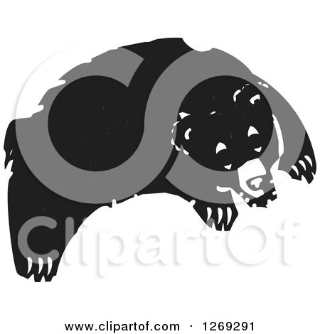 Clipart of a Black and White Woodcut Leaping Bear - Royalty Free Vector Illustration by xunantunich