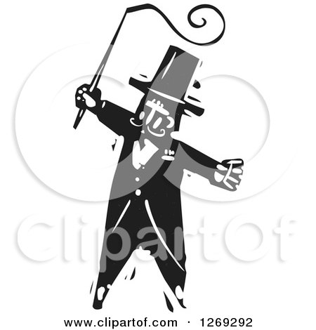Clipart of a Black and White Woodcut Circus Ringmaster with a Whip - Royalty Free Vector Illustration by xunantunich