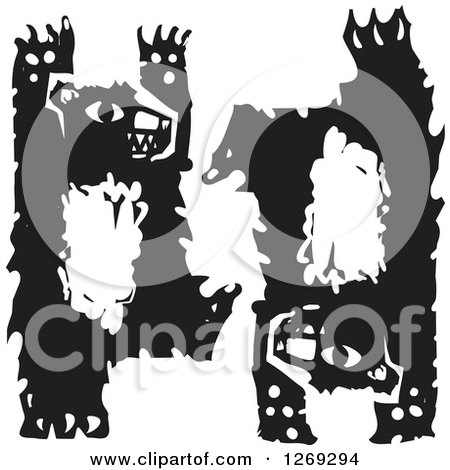 Clipart of Black and White Woodcut Bears Standing and Doing a Handstand - Royalty Free Vector Illustration by xunantunich