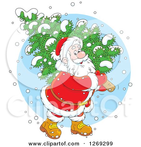 Clipart of a Cartoon Happy Caucasian Santa Claus Carrying a Fresh Cut Christmas Tree in the Snow, over a Blue Circle - Royalty Free Vector Illustration by Alex Bannykh