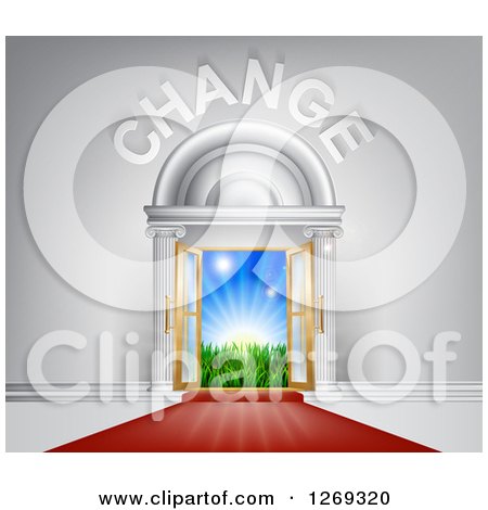Clipart of a Red Carpet Leading to a CHANGE Doorway - Royalty Free Vector Illustration by AtStockIllustration