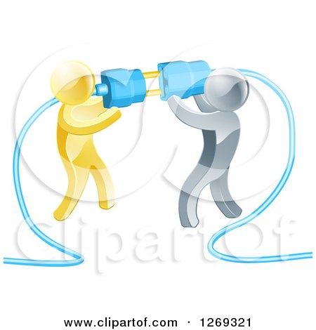Clipart of a Team of 3d Gold and Silver Men Connecting Electrical Plugs - Royalty Free Vector Illustration by AtStockIllustration